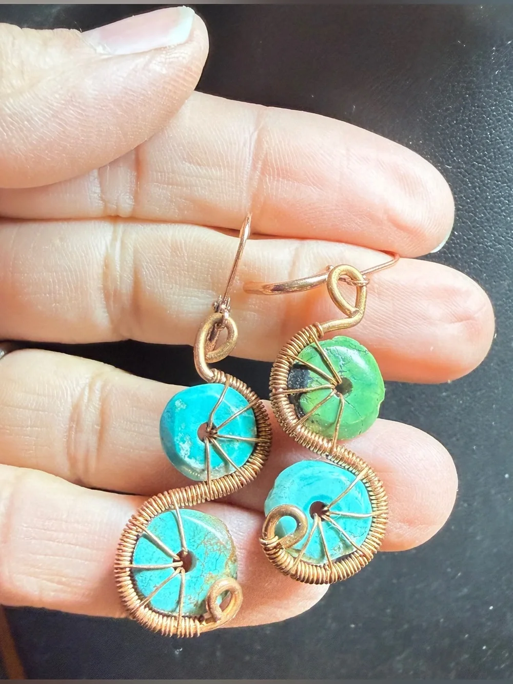 Artisan Made Turquoise Double-Disc Wire-Wrapped Drop Earrings - Picture 4 of 5